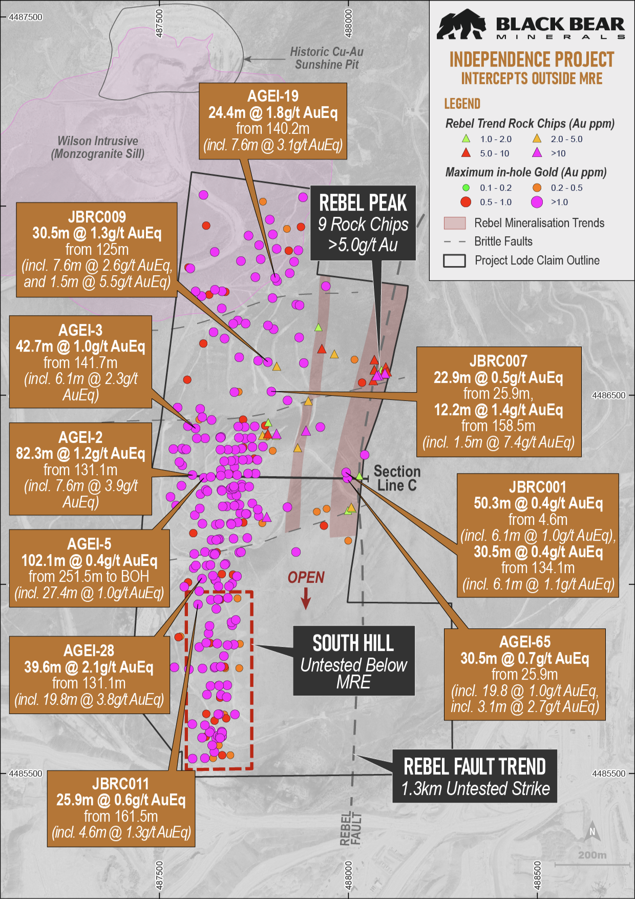 Map of Independence Project by Black Bear Minerals showing Rebel Trend rock chip gold levels, maximum in-hole gold, mineralisation trends, brittle faults, and project claim outline with assay results at various locations.