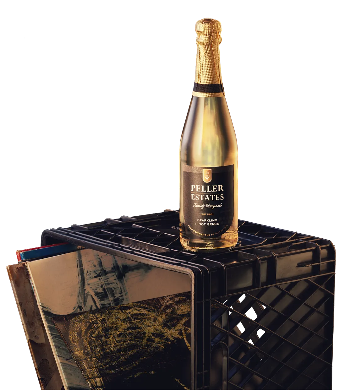 Peller Estates Sparkling Pino Grigio wine bottle on a record create 