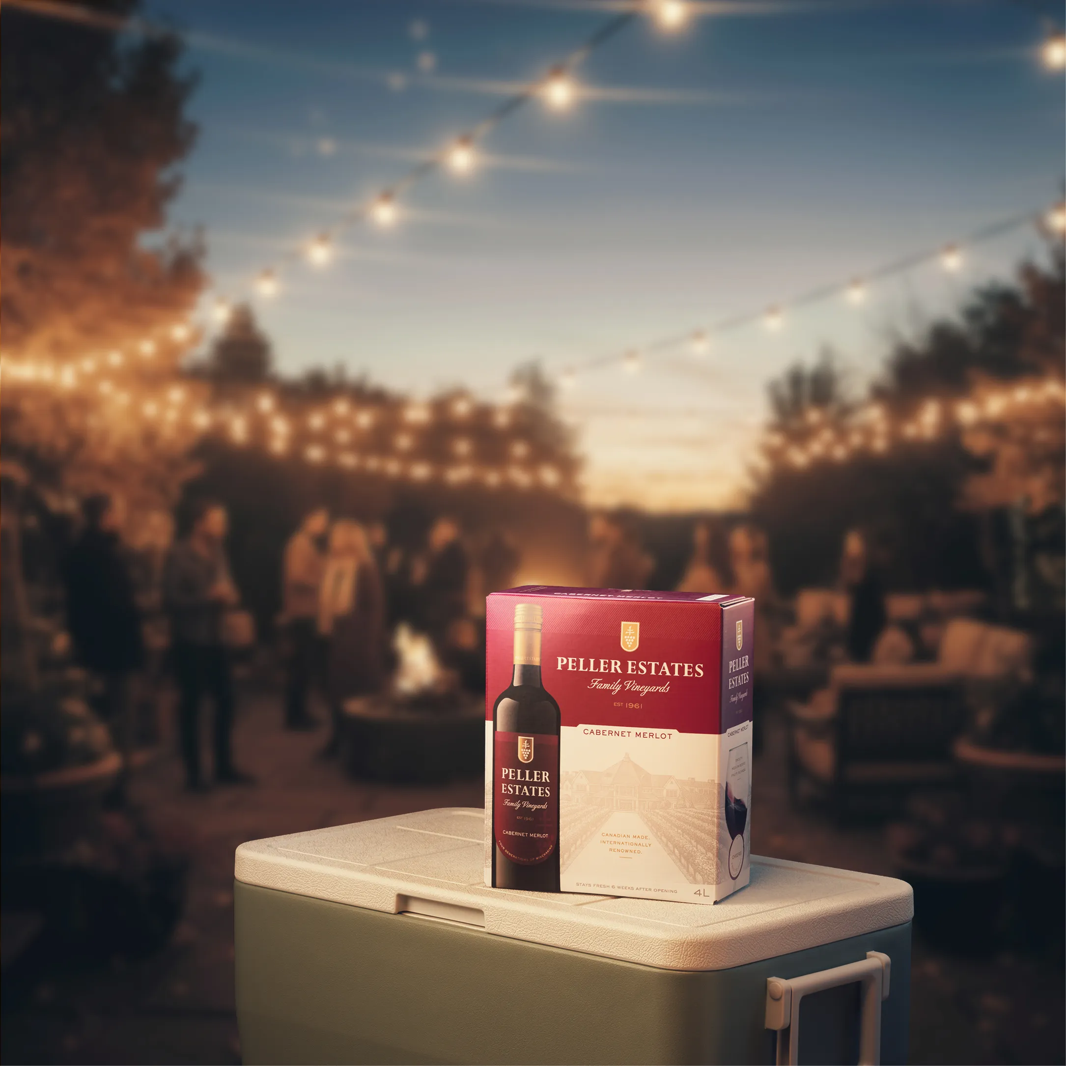 Peller Estates wine box sitting on top of a cooler at a backyard gathering. 