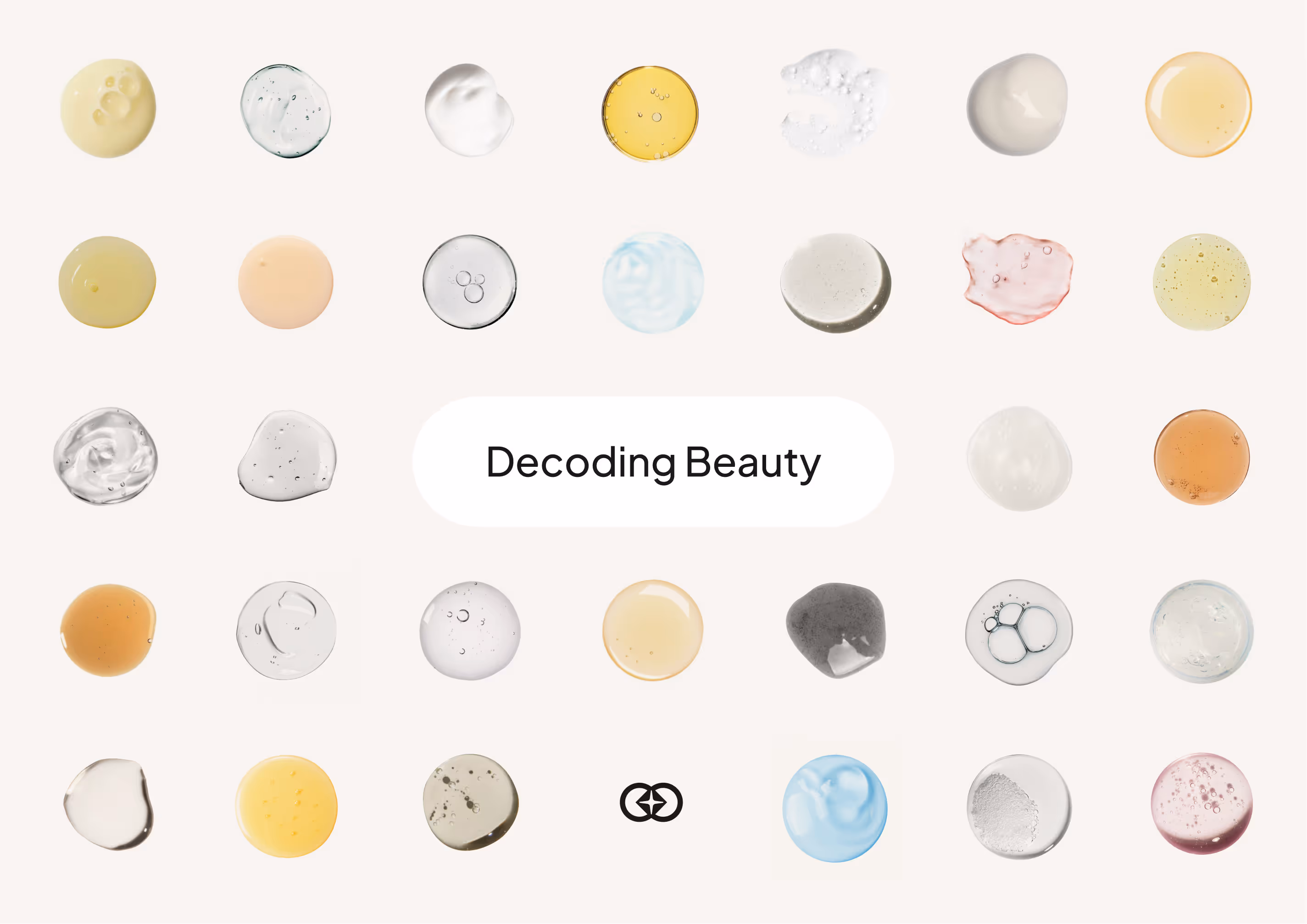 Various colorful skincare product droplets arranged in rows around the text 'Decoding Beauty' and a minimalist link icon on a light background.