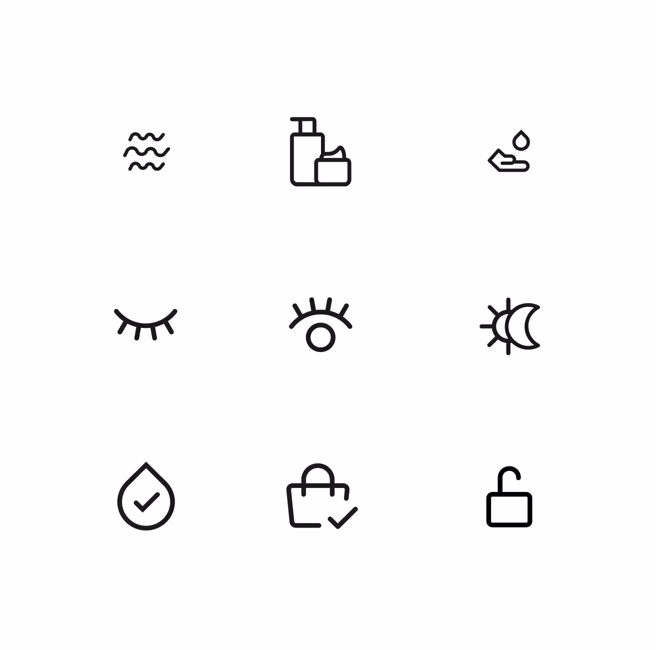 Nine black line icons on white background including water waves, skincare bottles, hand with water drop, closed eye, open eye, sun and moon, checkmark drop, shopping bag with checkmark, and unlocked padlock.