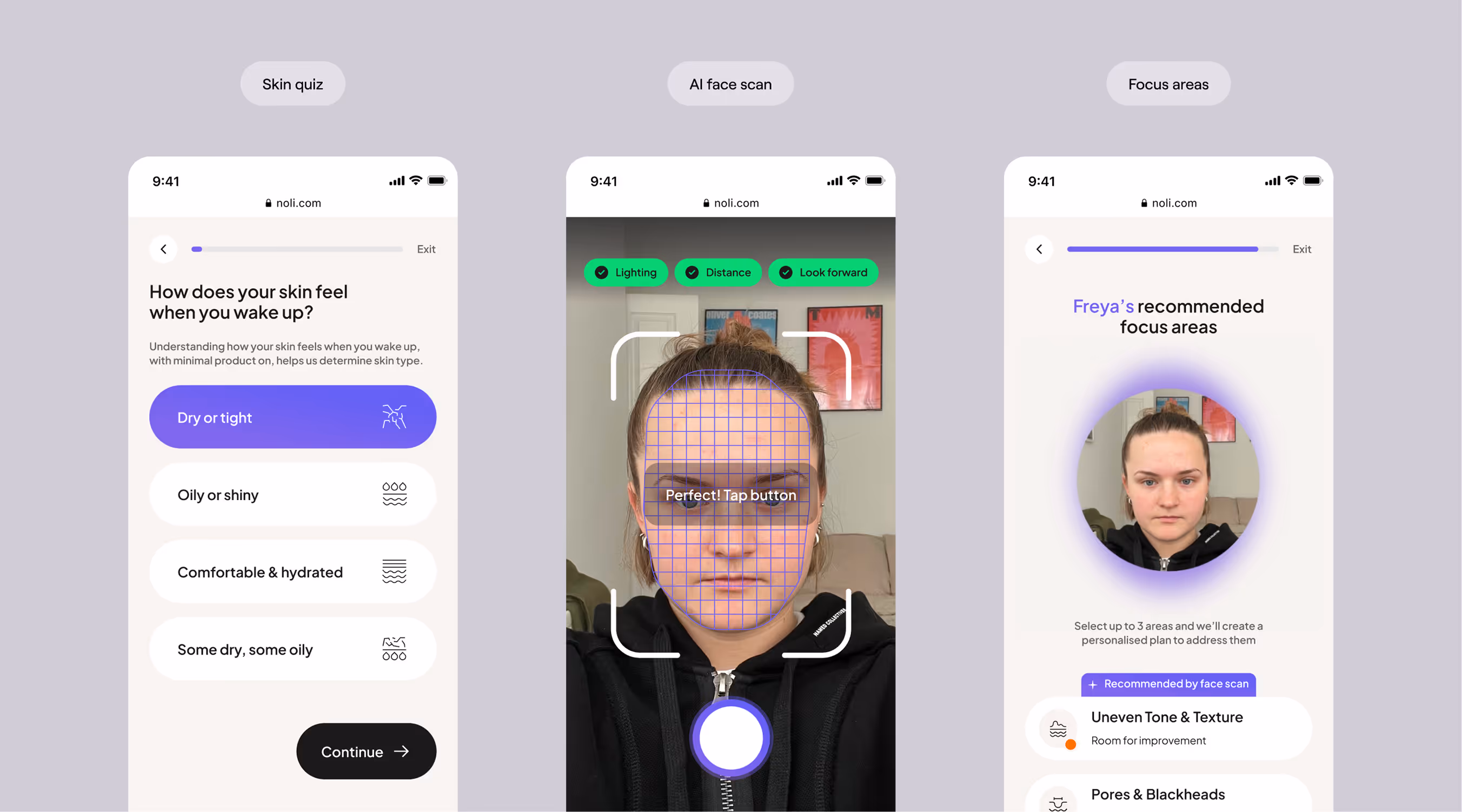 Three phone screens showing a skin quiz with options, an AI face scan grid on a woman's face, and recommended focus areas for skin treatment.