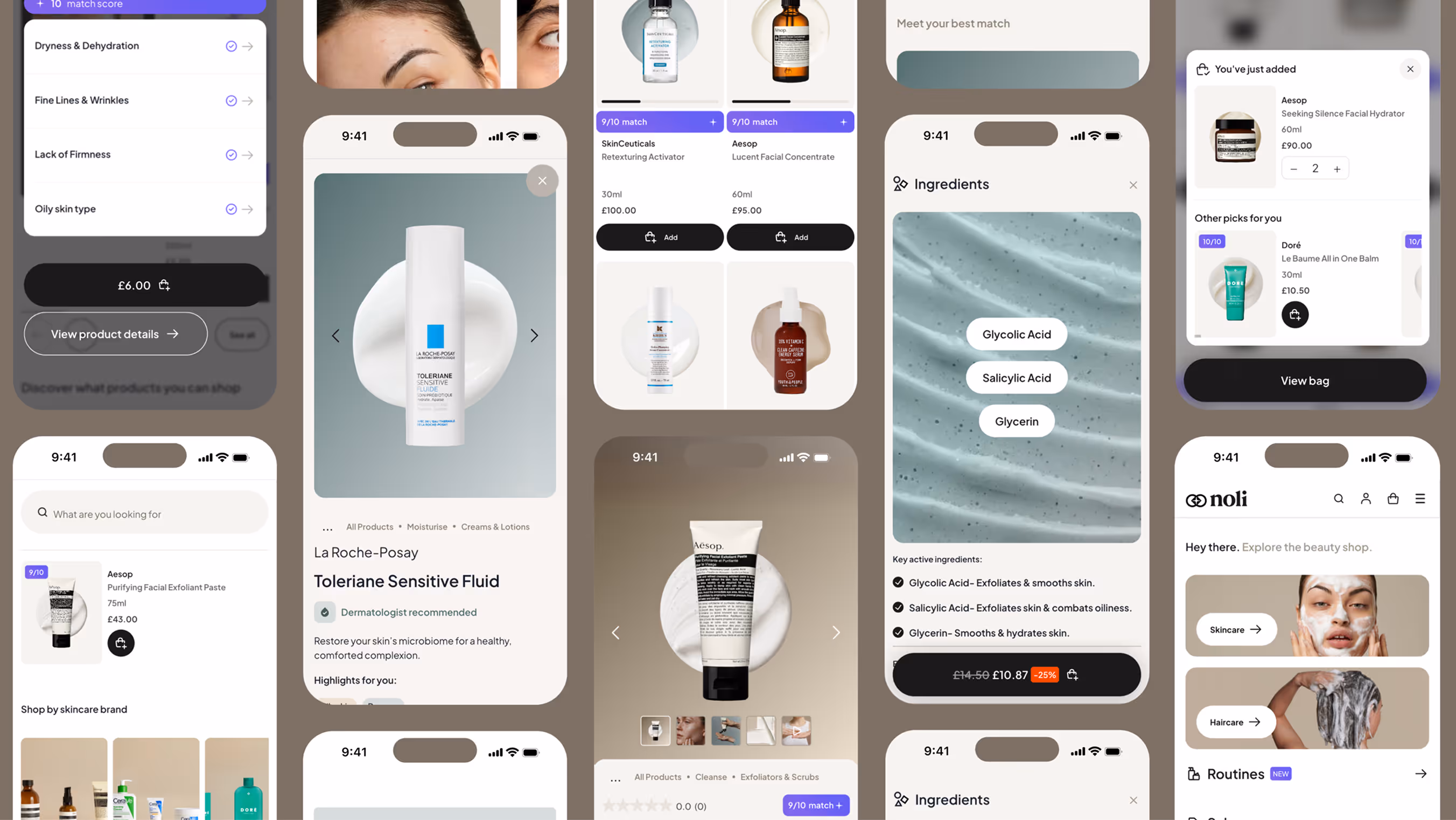 Mobile app interface for skincare shopping with product details, ingredient information, and personalized recommendations.