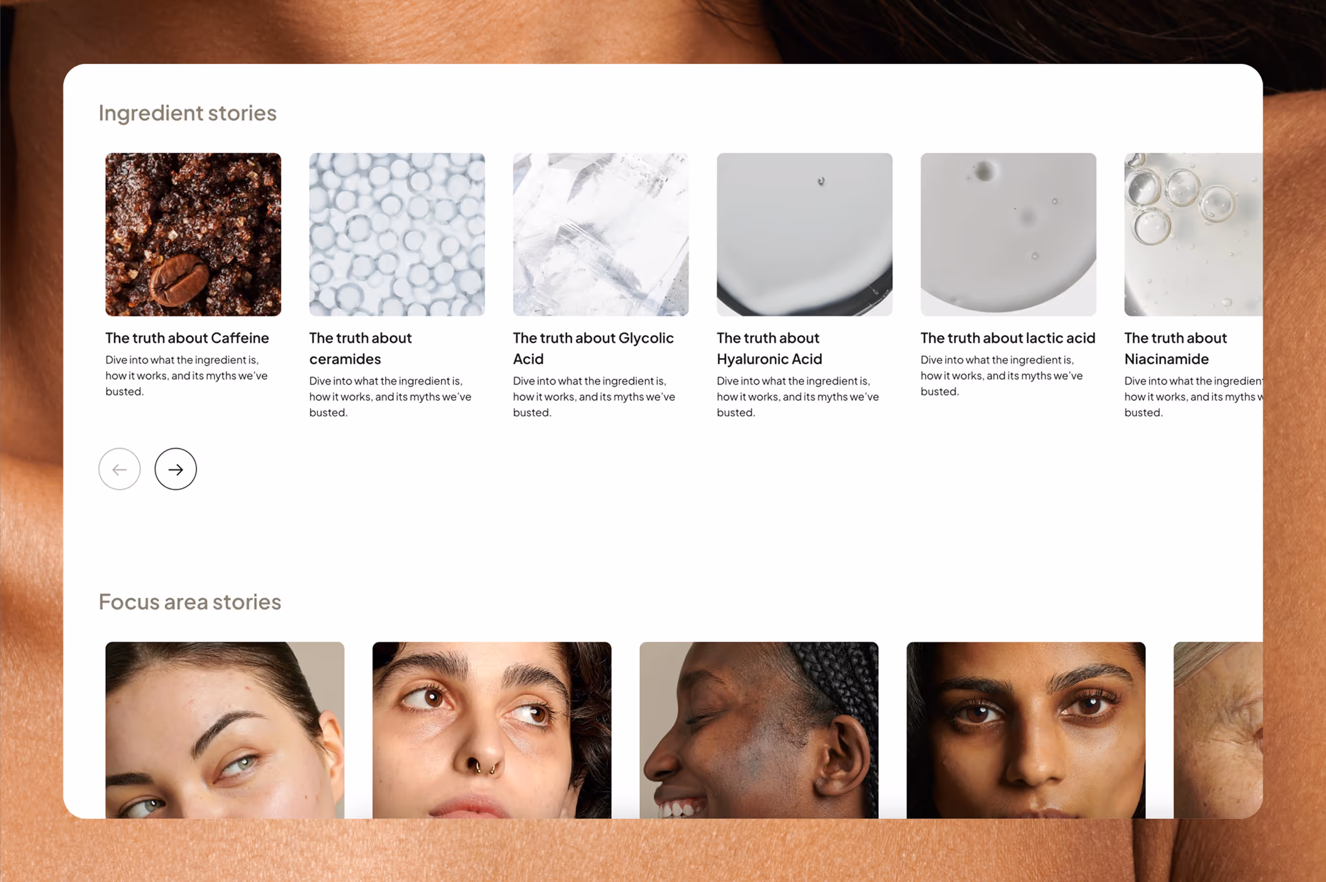 Website section titled 'Ingredient stories' showing six ingredient cards with images and brief descriptions about caffeine, ceramides, glycolic acid, hyaluronic acid, lactic acid, and niacinamide.