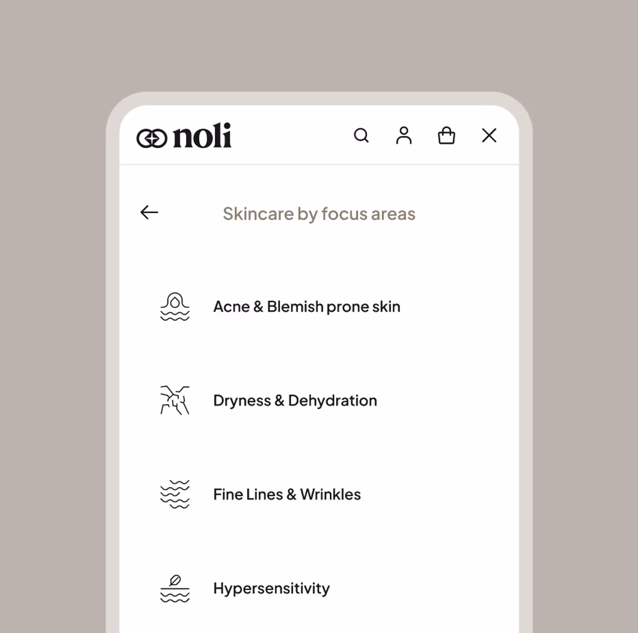 Mobile screen showing 'Skincare by focus areas' menu with icons and options for Acne & Blemish prone skin, Dryness & Dehydration, Fine Lines & Wrinkles, and Hypersensitivity.