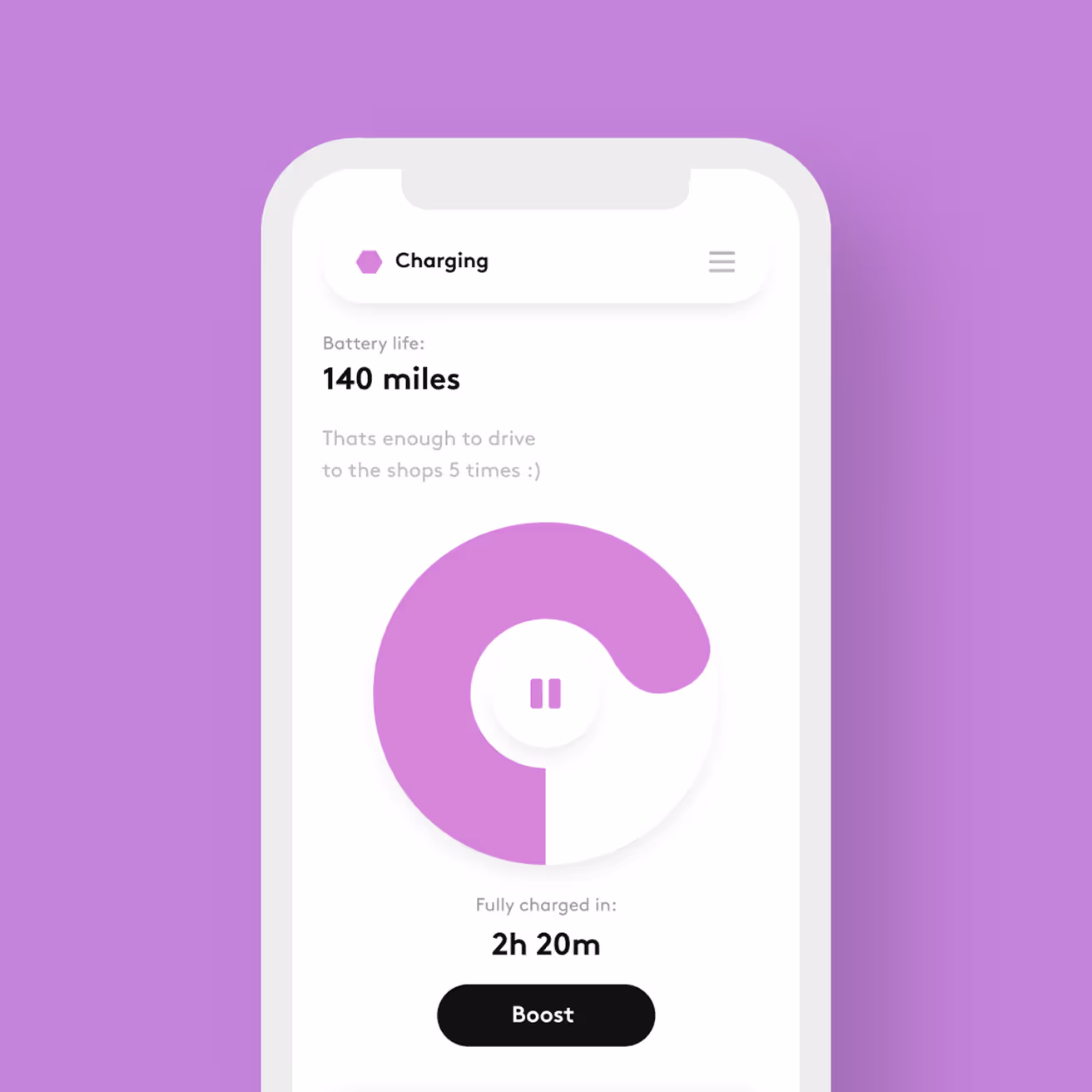 Smartphone screen showing a charging app with 140 miles battery life, a circular progress indicator, estimated full charge in 2 hours 20 minutes, and a Boost button.