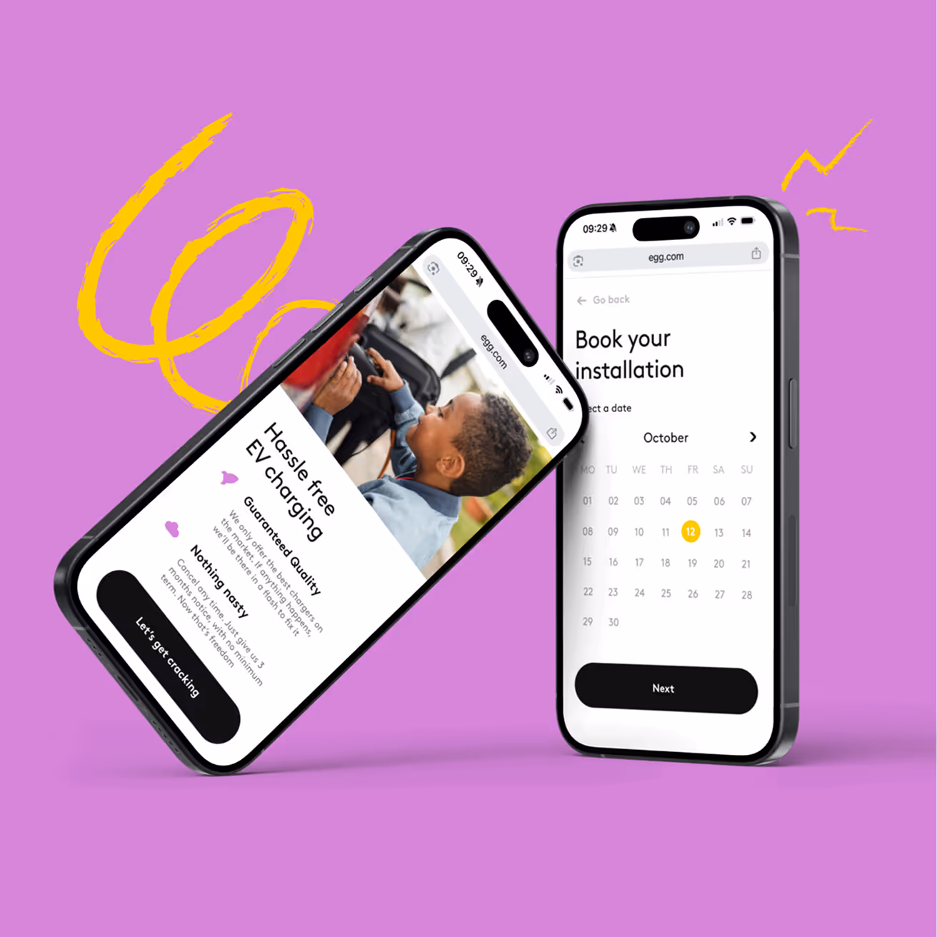 Two smartphones displaying an EV charging app with booking and installation date selection on a purple background with yellow scribbles.