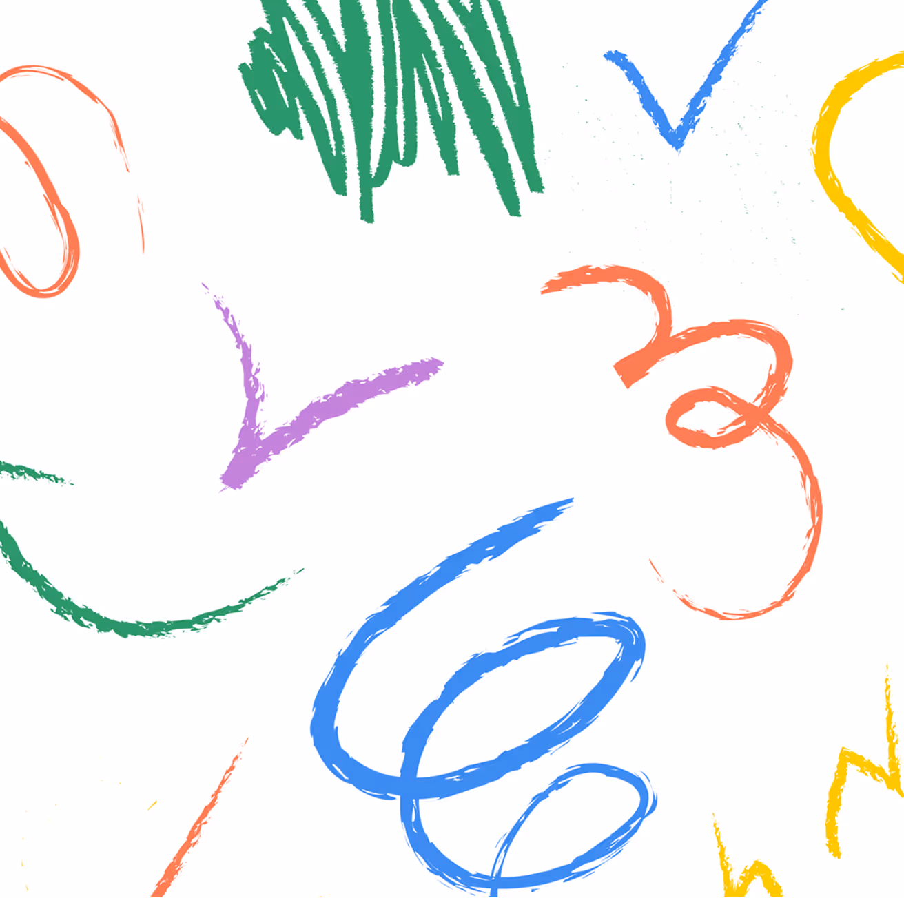 Abstract colorful scribbles and brush strokes in green, blue, yellow, purple, and orange on a white background.