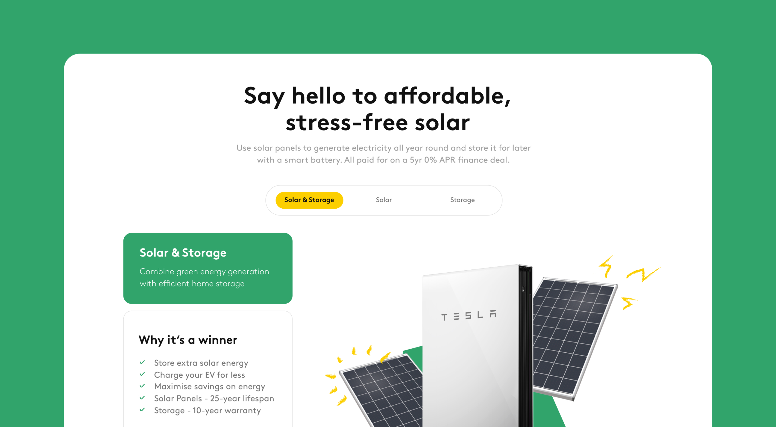 Tesla smart battery positioned between two solar panels with energy icons, promoting affordable solar and storage solutions.