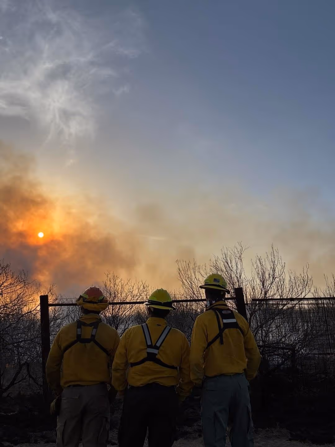 Three firefighters in yellow protective gear standing with their backs to the camera, observing smoke and fire in the distance during sunset.