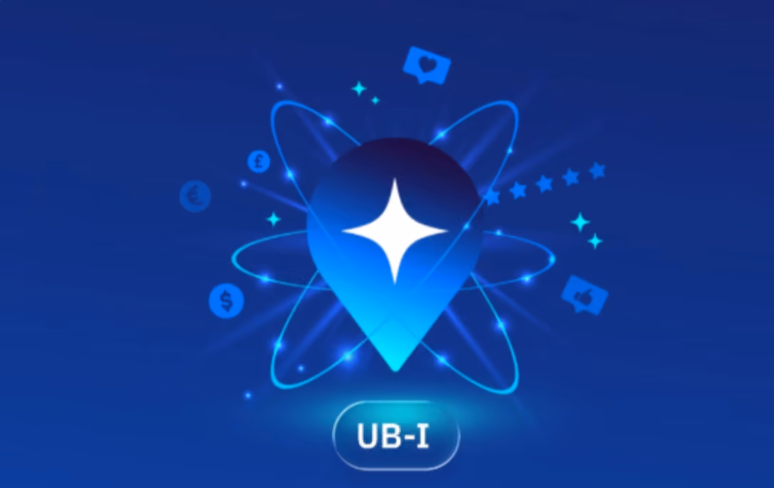 Blue location pin with a star center surrounded by orbiting currency and social media icons, labeled UB-I.