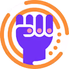 Purple raised fist inside orange concentric circles symbolizing strength and change.