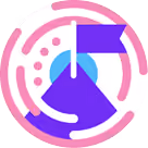 Blue and purple rocket with a flag launching inside a circular pink radar graphic.