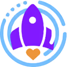 Purple rocket ship with a circular window flying upward above an orange heart inside a blue circle.