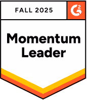 Fall 2025 Momentum Leader badge with G2 logo and layered yellow, orange, and red chevron design.
