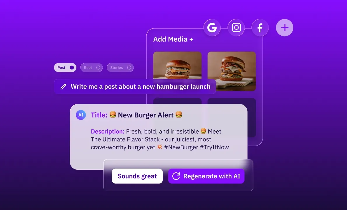 AI social post generator interface with burger images and generated caption