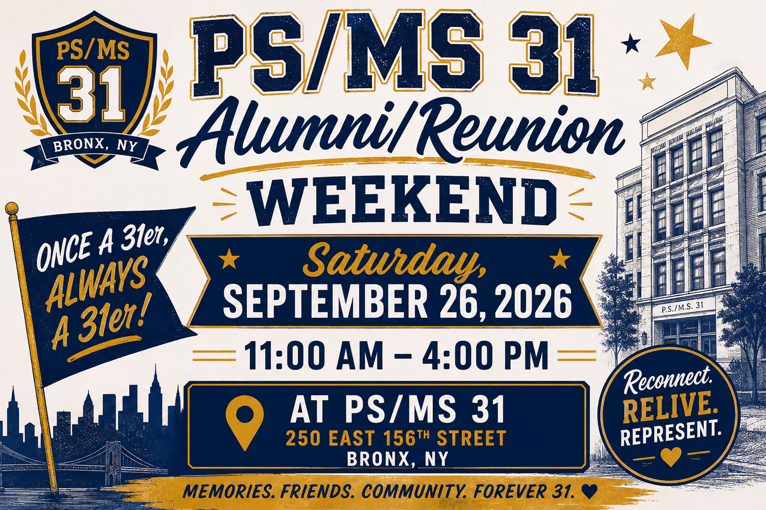 PS/MS 31 Alumni Reunion Weekend flyer Saturday September 26 2026
