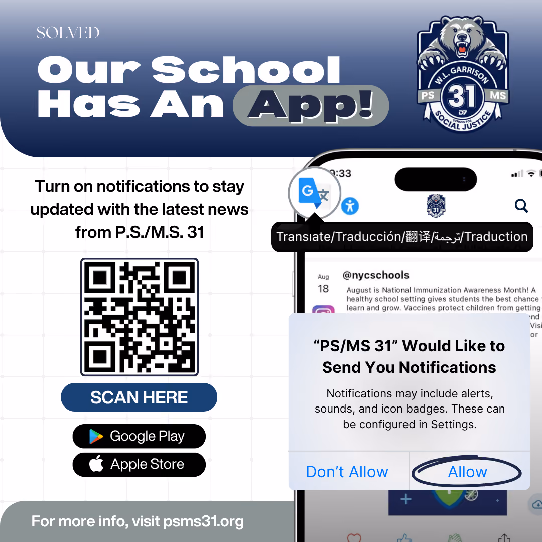 PS MS 31 school app flyer with QR code and download instructions