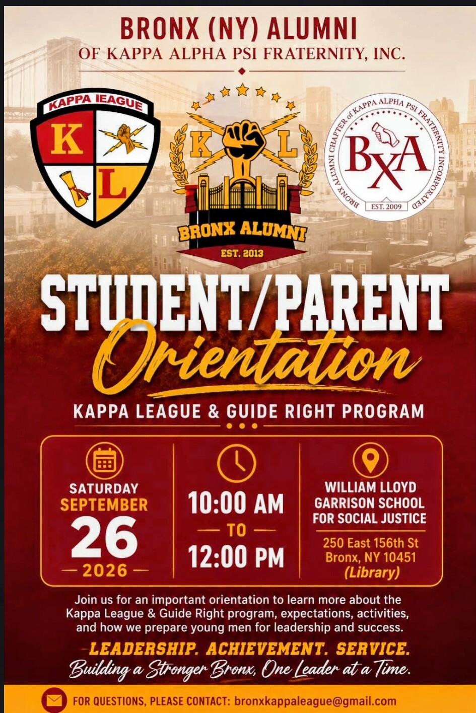 Bronx (NY) Alumni of Kappa Alpha Psi Fraternity - Student/Parent Orientation - Kappa League & Guide Right Program - Saturday September 26 2026