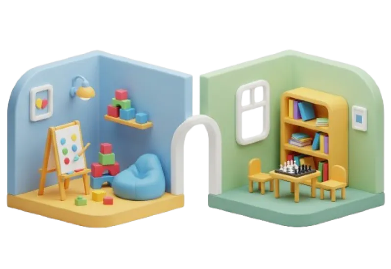 Two well-equipped indoor rooms for creative and structured play