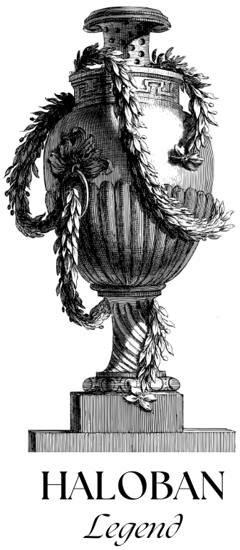 Detailed black and white illustration of a decorative urn adorned with garlands, mounted on a pedestal, with the text 'HALOBAN Legend' below.