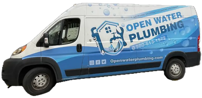 White and blue van with Open Water Plumbing branding, including a house and wrench logo, phone number, website, and social media icons.