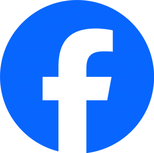 Facebook logo in blue circle.