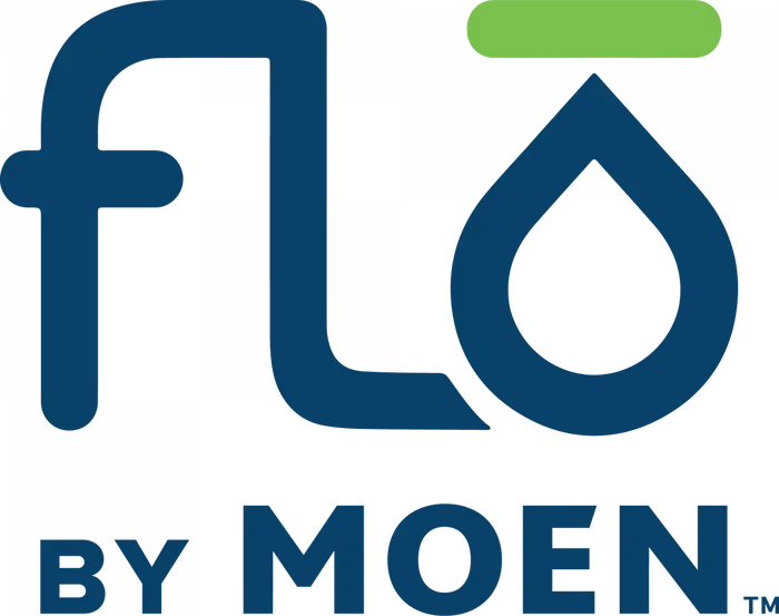 Logo for Flo by Moen featuring stylized blue text with a green accent above the letter o.