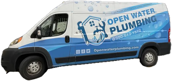White and blue plumbing service van with Open Water Plumbing logo, contact number, and website.