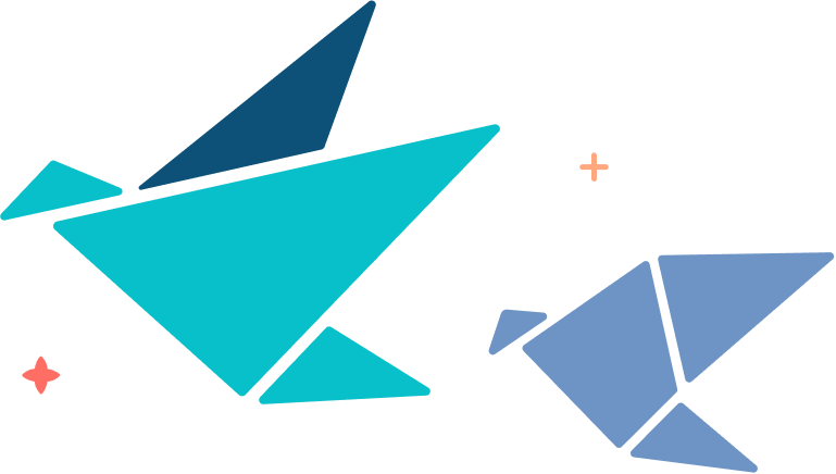 Abstract geometric shapes in blue and teal resembling stylized birds with small decorative orange crosses on a transparent background.