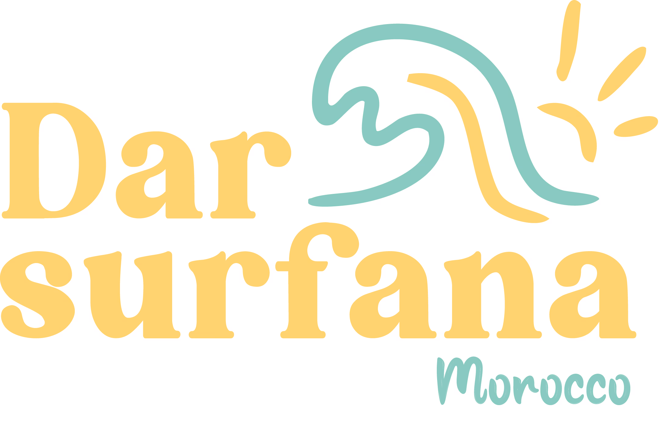 Logo with stylized wave and sun illustration above the text 'Dar surfana Morocco' in yellow and turquoise colors.