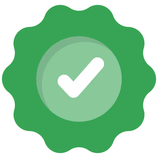 Green badge with a white checkmark in the center indicating success or approval.