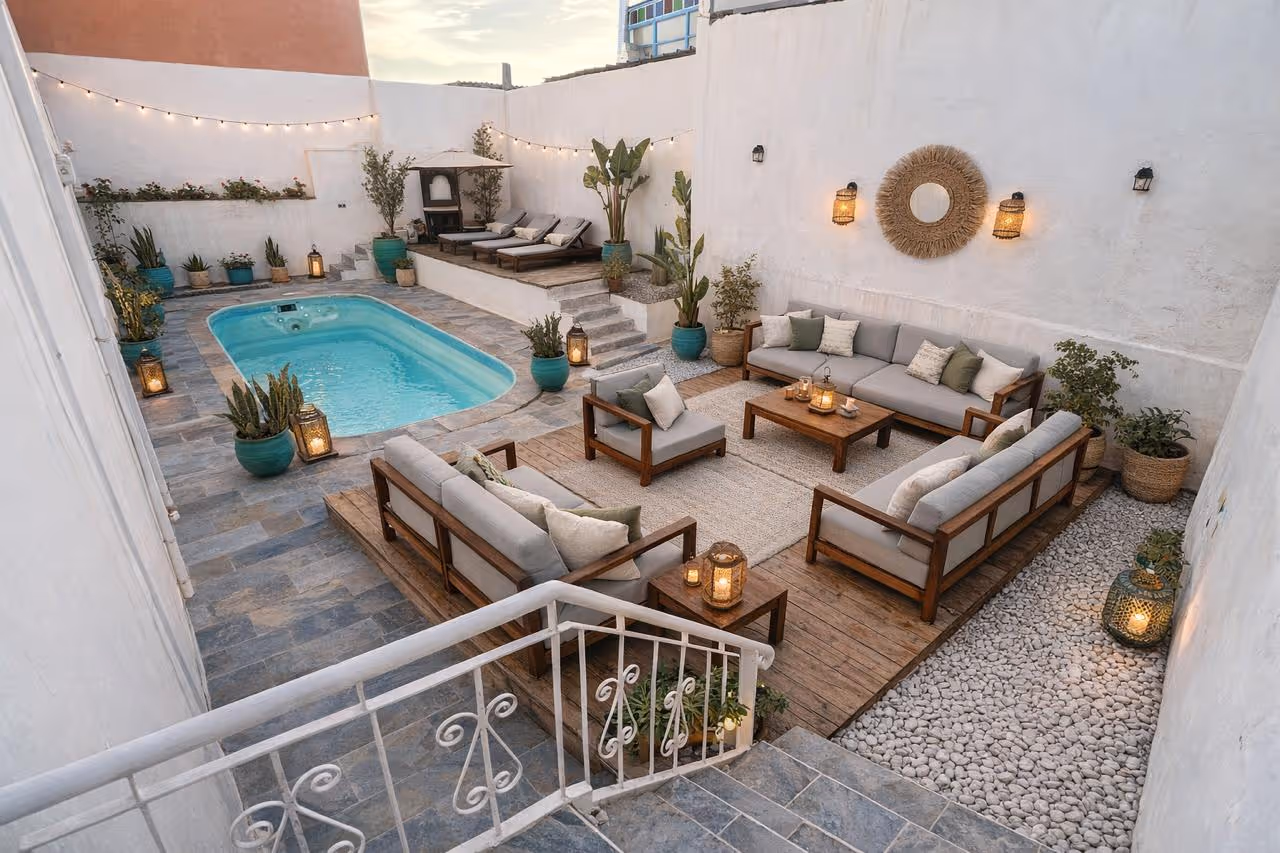 Cozy backyard with small pool, gray cushioned wooden sofas, armchair, plants, and warm lantern lighting.
