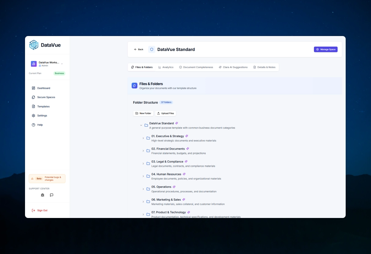 Screenshot of DataVue interface showing organized folders and documents in a secure data room.