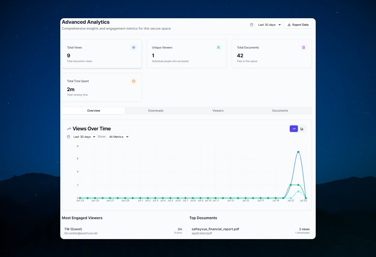 Screenshot of DataVue displaying analytics and investor engagement insights for shared documents.