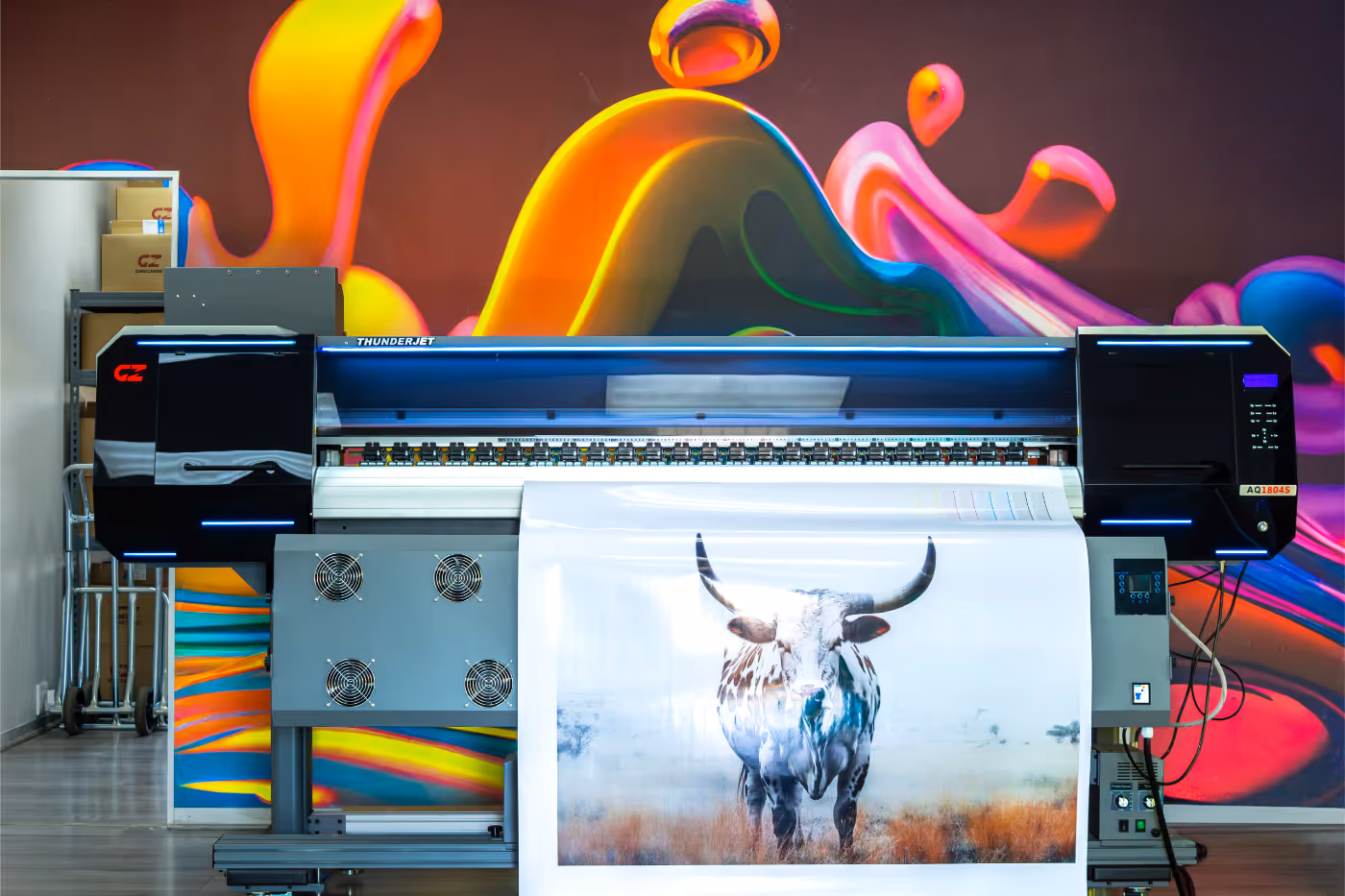 Large-format printer producing a print of a longhorn bull with colorful abstract art on the wall behind it.