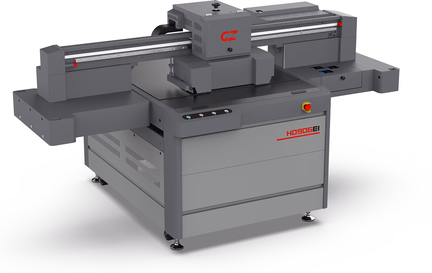 Industrial flatbed printer machine with a gray body, labeled H0906EI, featuring a horizontal rail system and control buttons on the front panel.