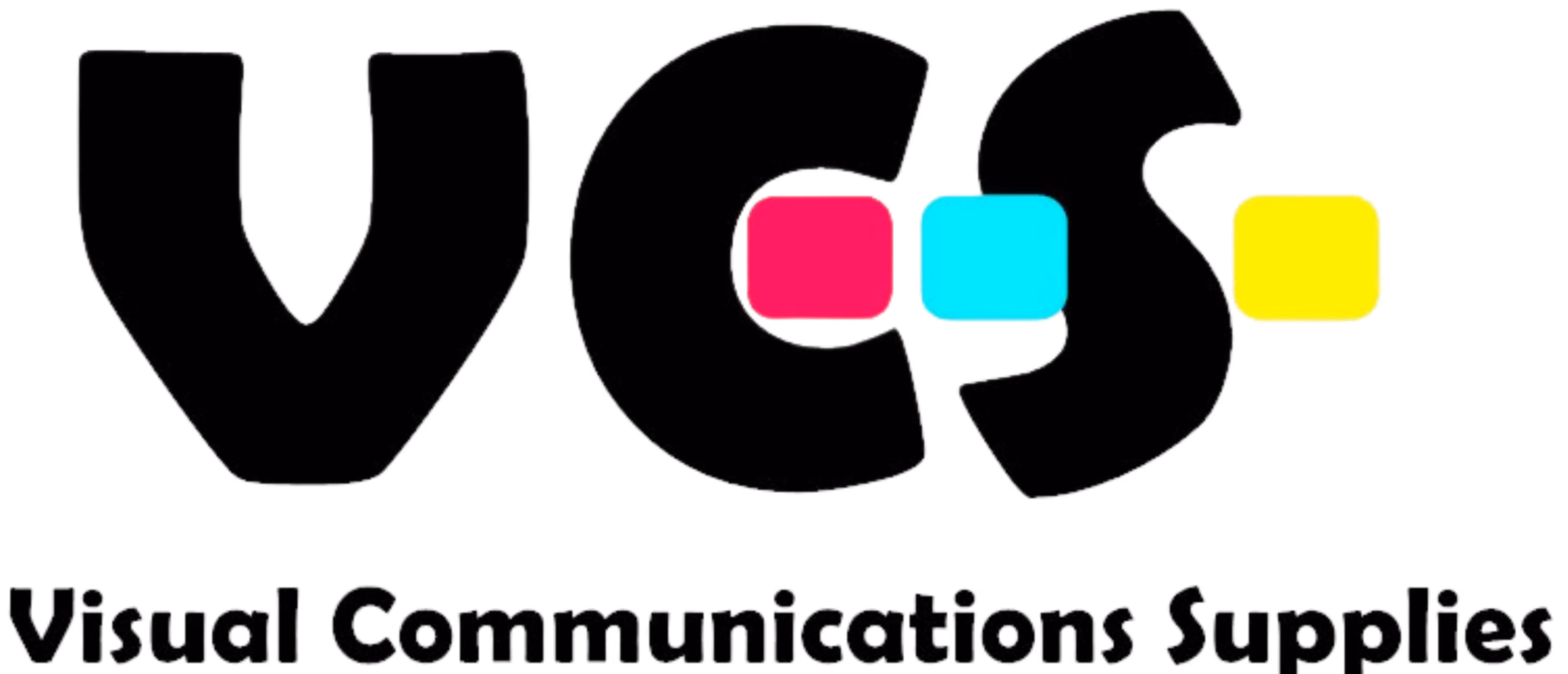 Logo with the letters V, C, and S in black, each letter containing a colored square: pink inside the C, cyan between C and S, and yellow after the S, with text 'Visual Communications Supplies' below.