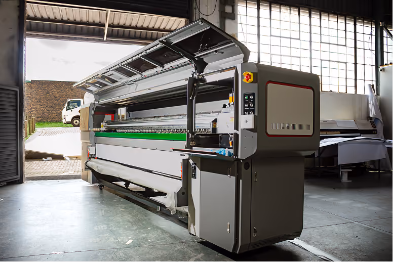Large industrial textile printer or fabric printing machine inside a factory with open lid and control buttons visible on the side panel.