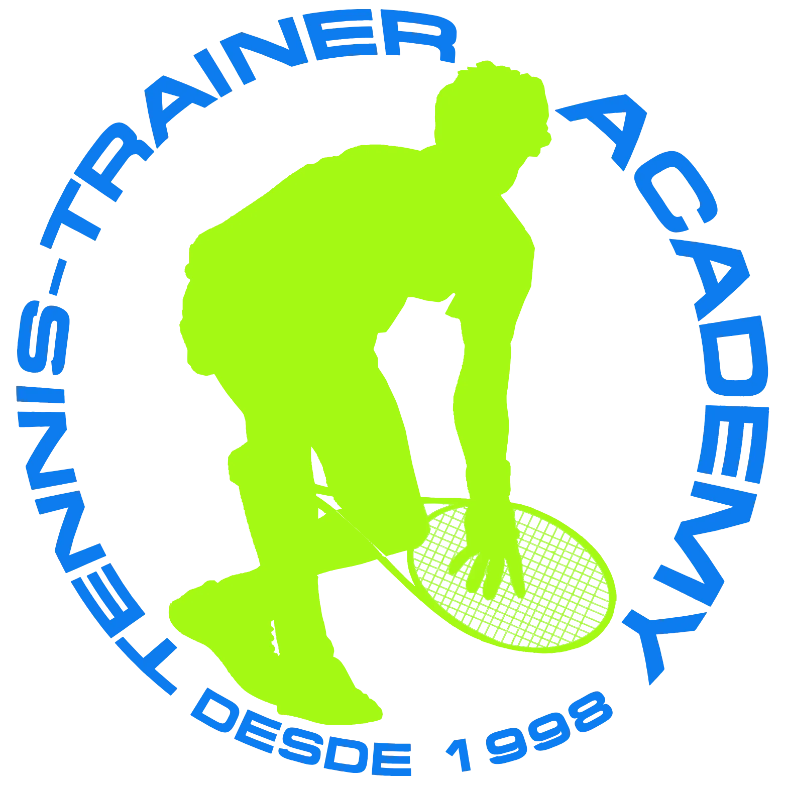 Green silhouette of a tennis player bending with a racket, surrounded by blue text that reads 'Trainer Academy Tennis desde 1998' in a circular layout.