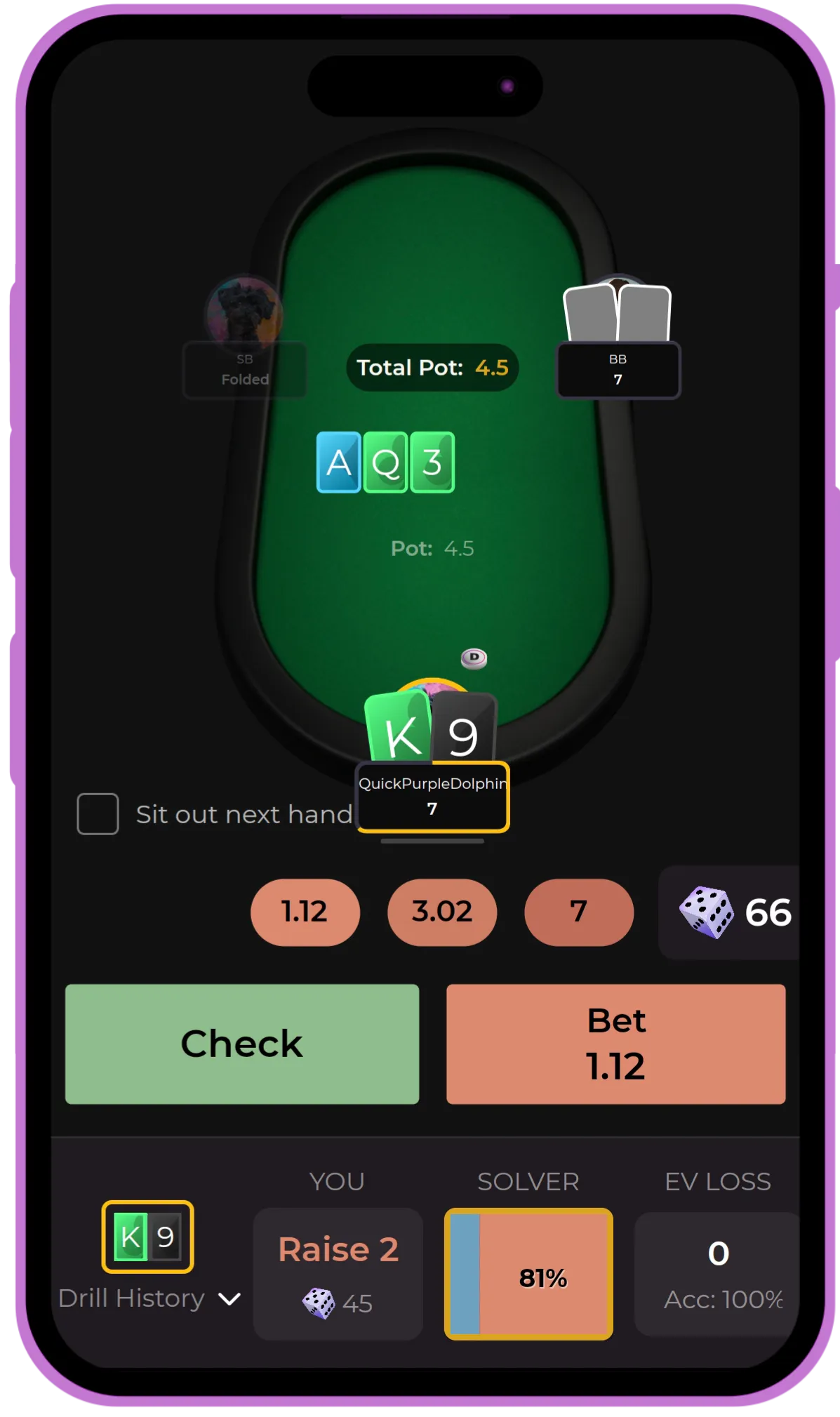 Screenshot of a drill challenge prompting the user to make a decision on whether to Check or Fold.