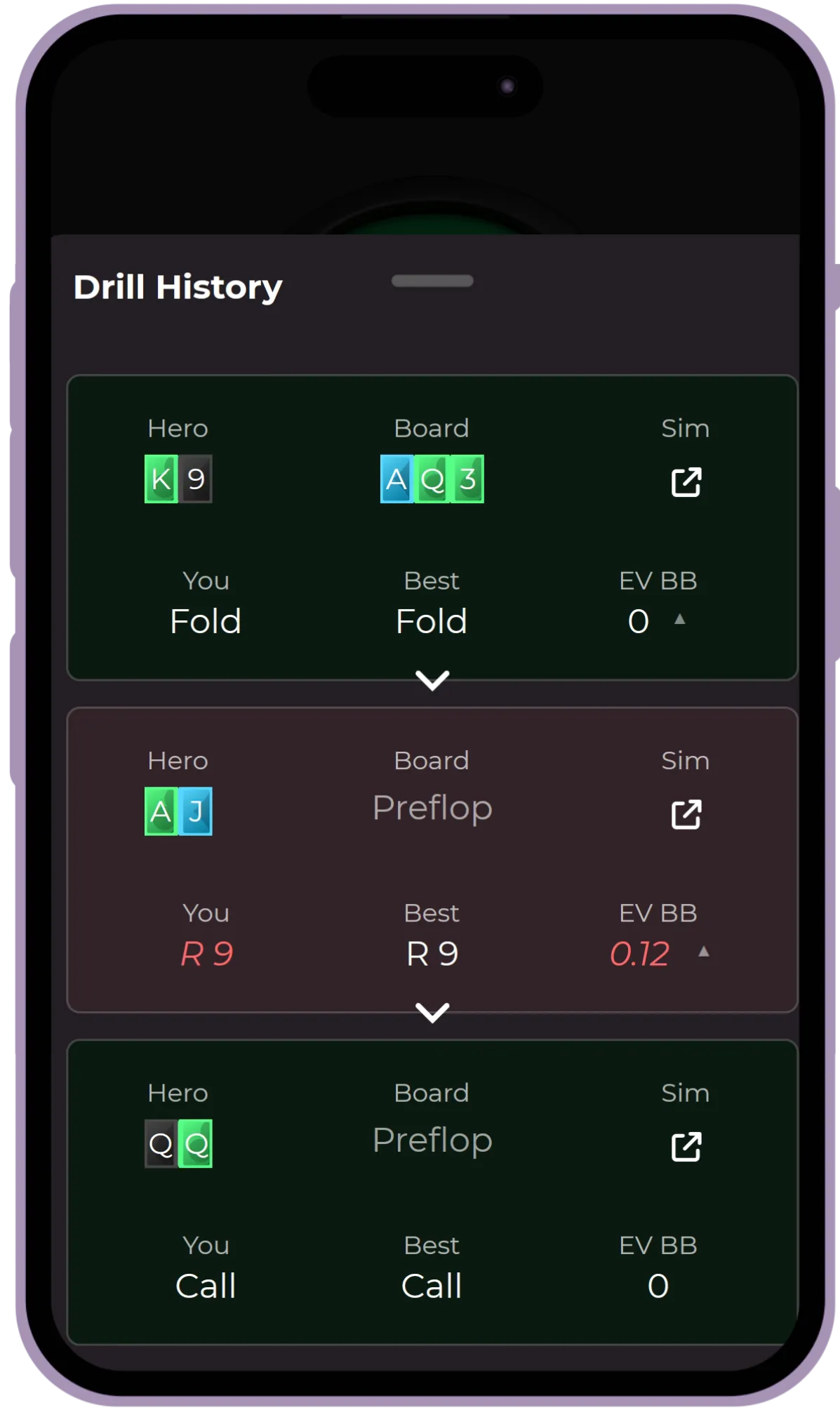 Screenshot of drill hand history, showing recent hands played and allowing the user to open a specific hand directly in the sim browser.