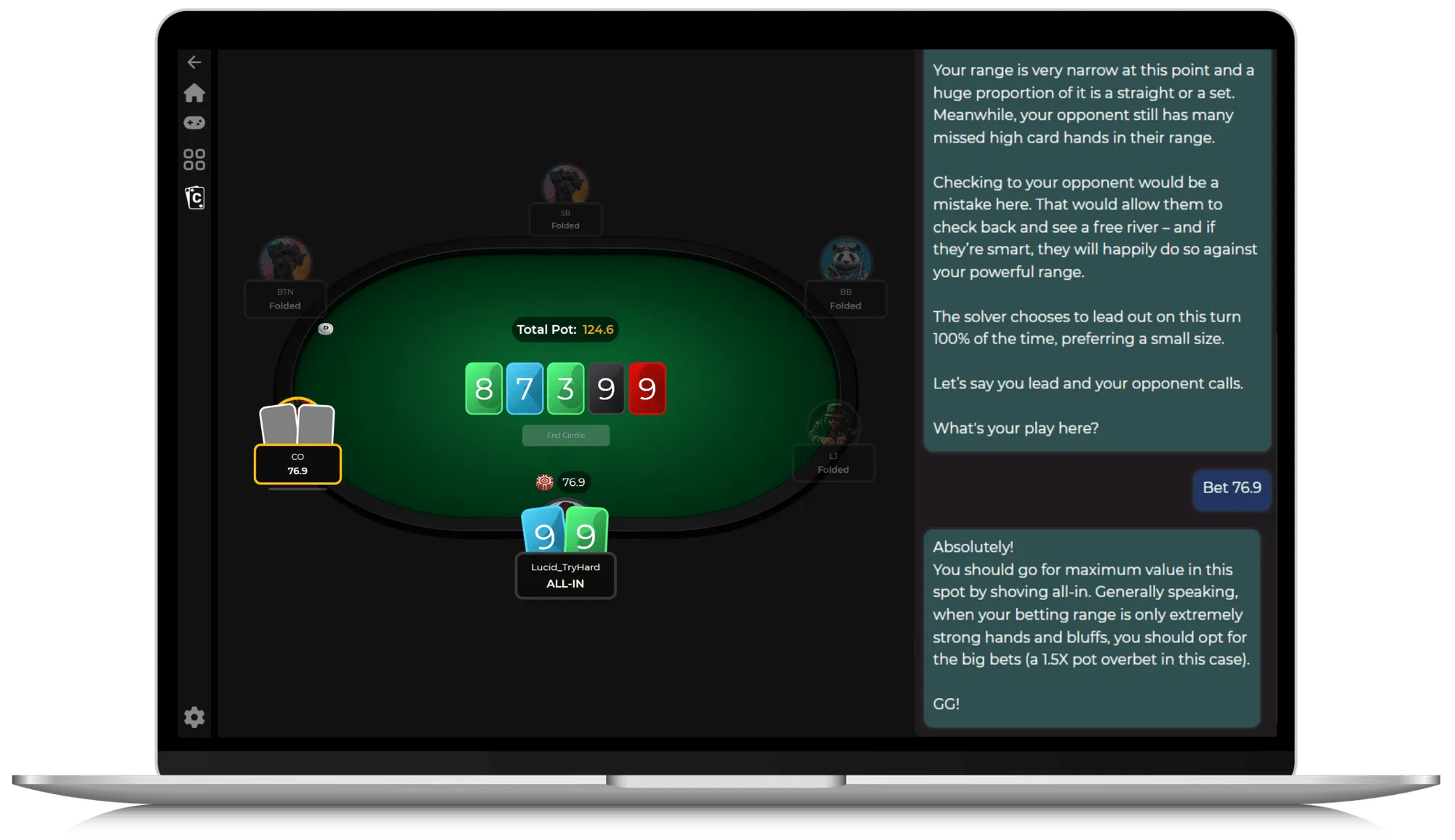 Lucid Poker Cardle interface on laptop