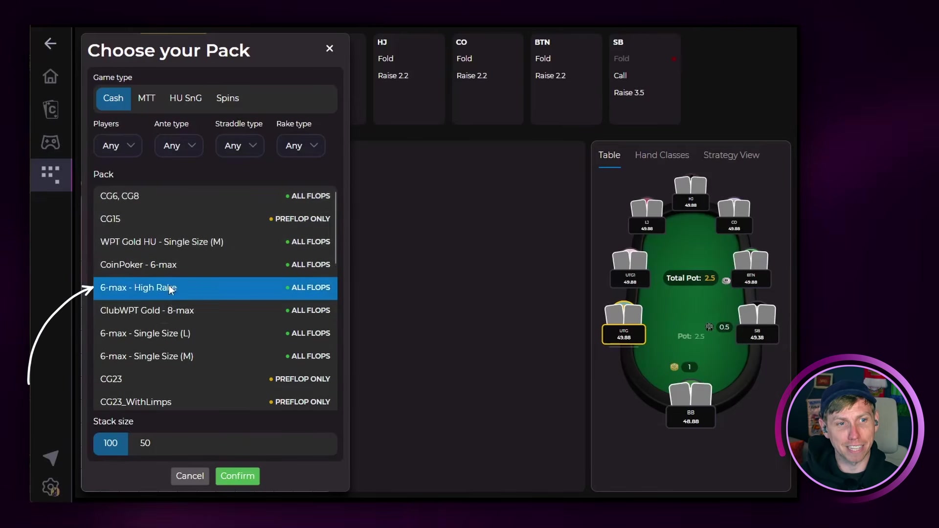 Game type selector open with options listed