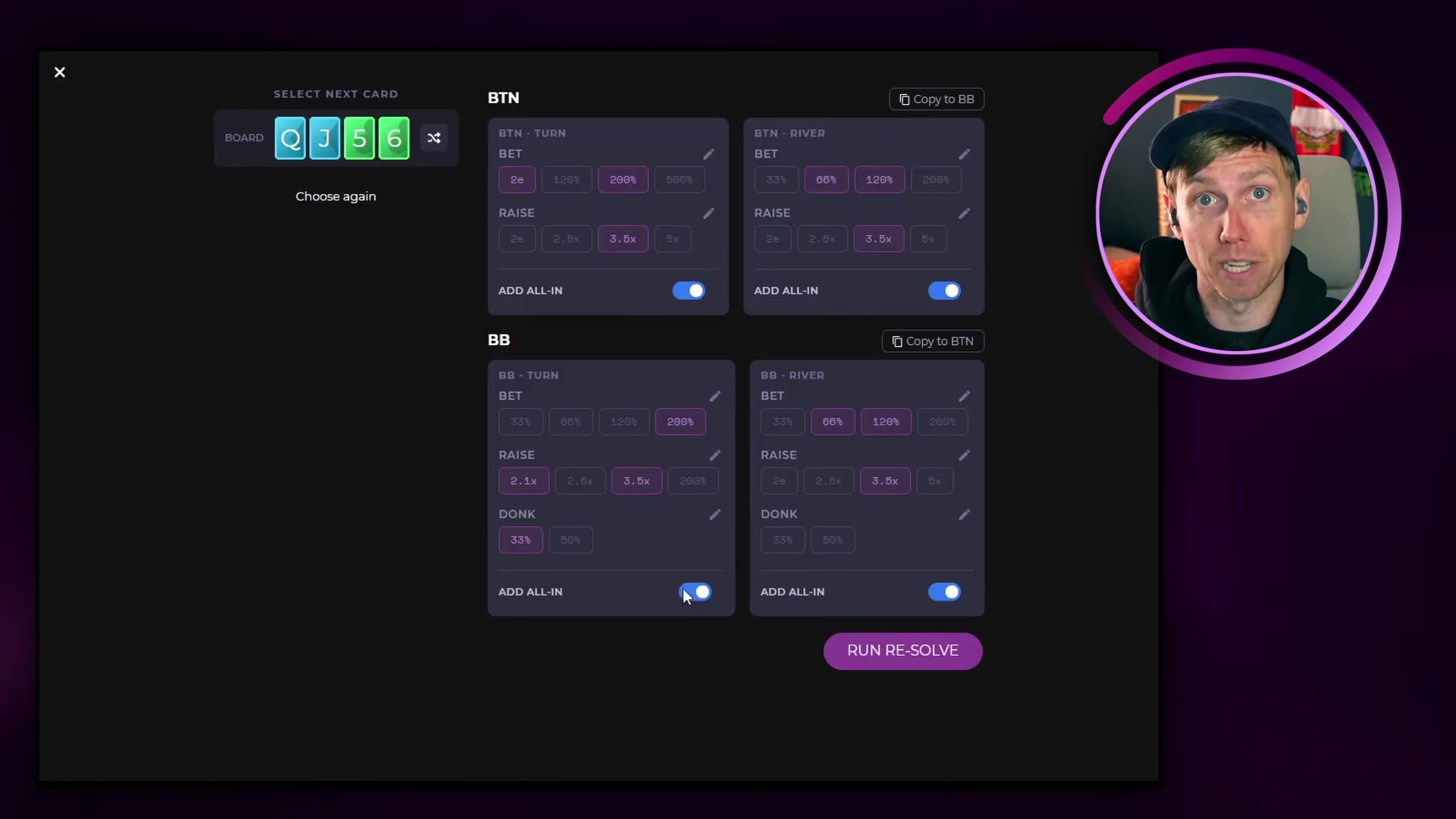 Subtree builder showing turn card selection and BTN and BB bet, raise, and donk size options