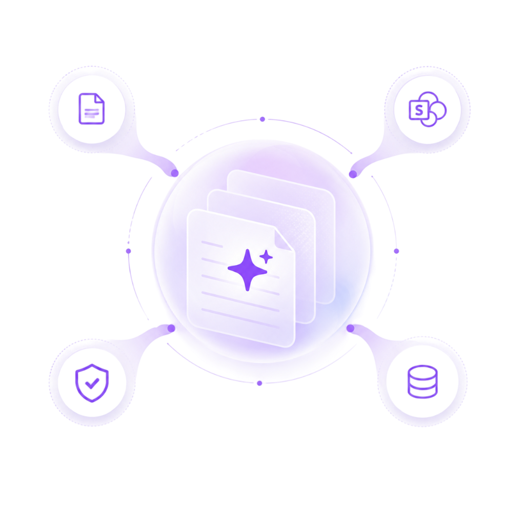 Zentrales KI-Wissensmanagement mit sicherer Anbindung an Dokumente, SharePoint, Datenbanken und Unternehmenssysteme für eine intelligente Wissenssuche.