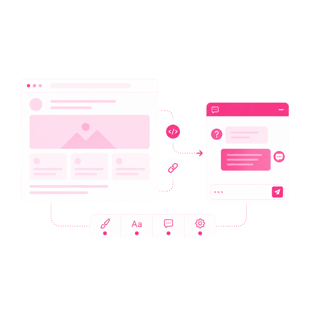 KI-Chatbot für Unternehmen mit Plug-and-Play-Integration per iFrame oder JavaScript und individueller Anpassung von Design, Funktionen und Nutzererlebnis.