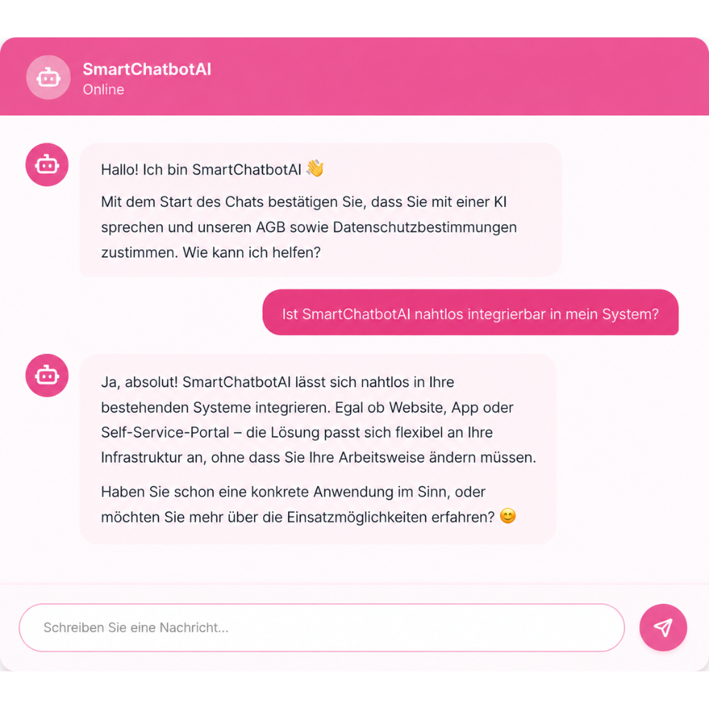 KI-Chatbot für Unternehmen mit natürlicher Konversation, automatisierten Antworten und nahtloser Integration in Websites, Apps und Self-Service-Portale.