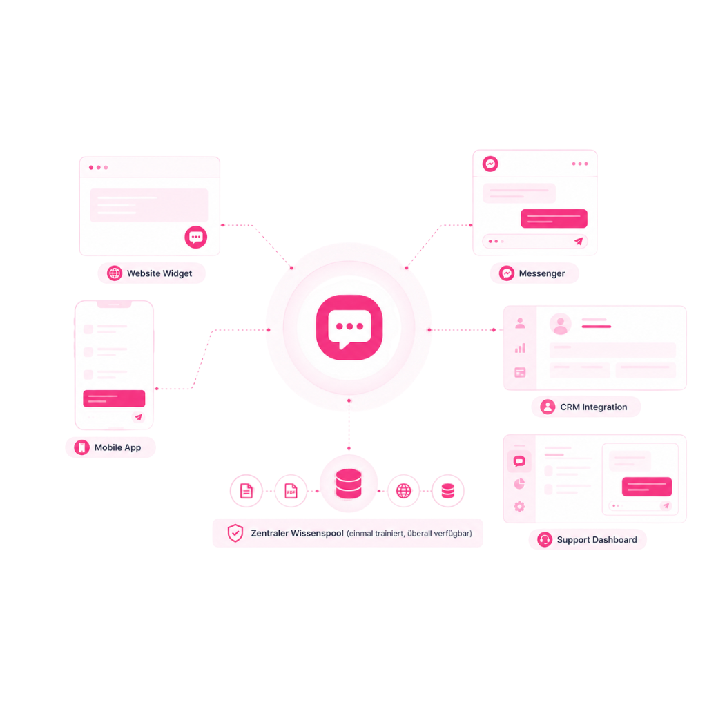 Omnichannel-KI-Chatbot mit zentralem Wissenspool für Website, Mobile App, Messenger, CRM-Systeme und Support-Dashboard.