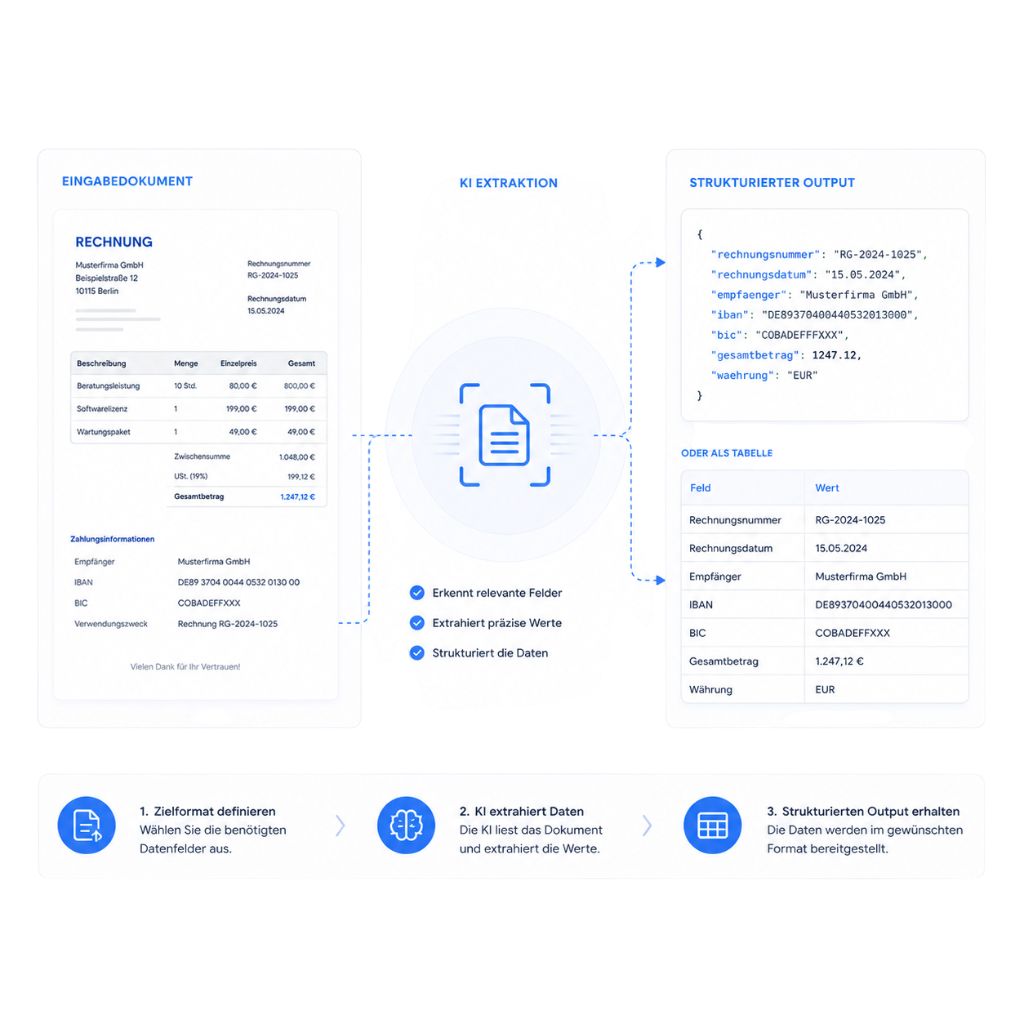 KI-Extraktion strukturierter Daten aus Dokumenten mit schemabasiertem Output in JSON oder Tabellenformat für die automatisierte Weiterverarbeitung.